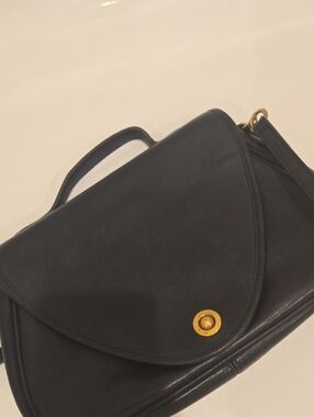 Structured Black Shoulder Bag with Gold-Tone Button